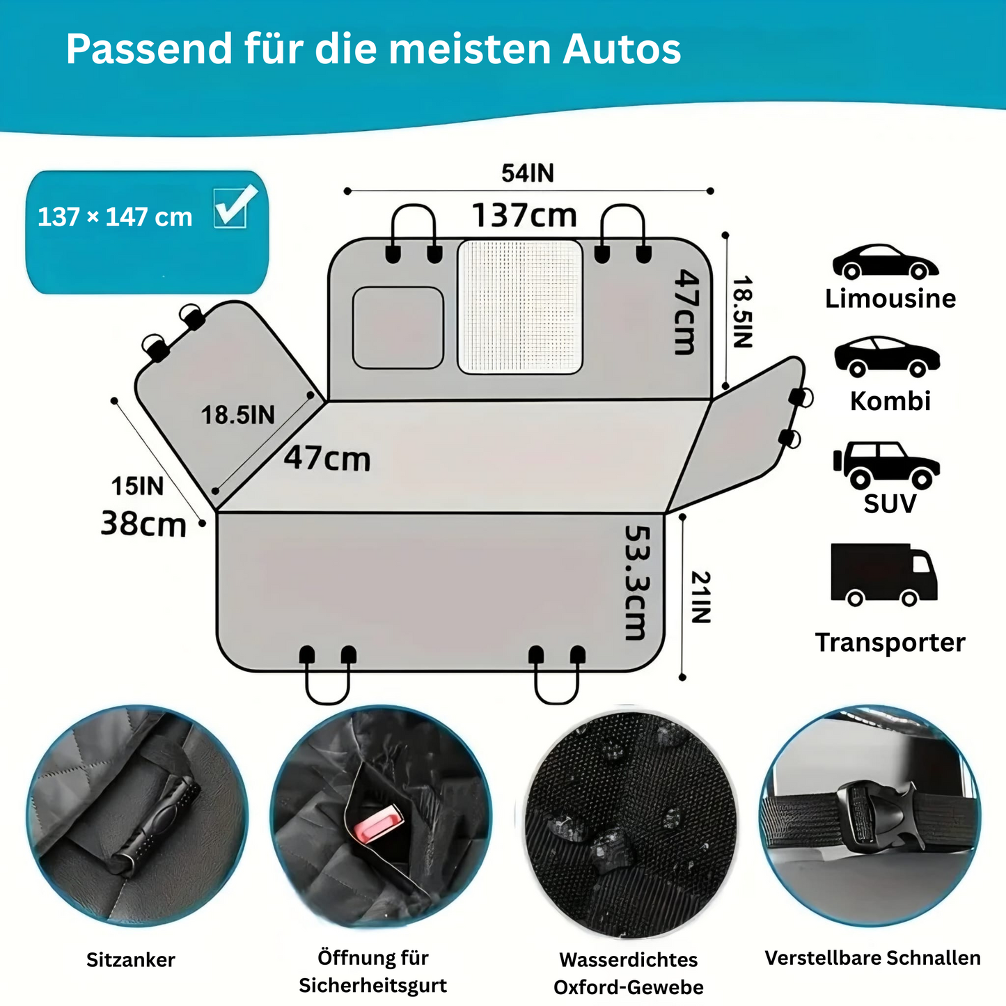 Autoschondecke für Hunde – Rückbank wasserdicht mit Seitenschutz & Gurtöffnung – schützt vor Haaren & Schmutz