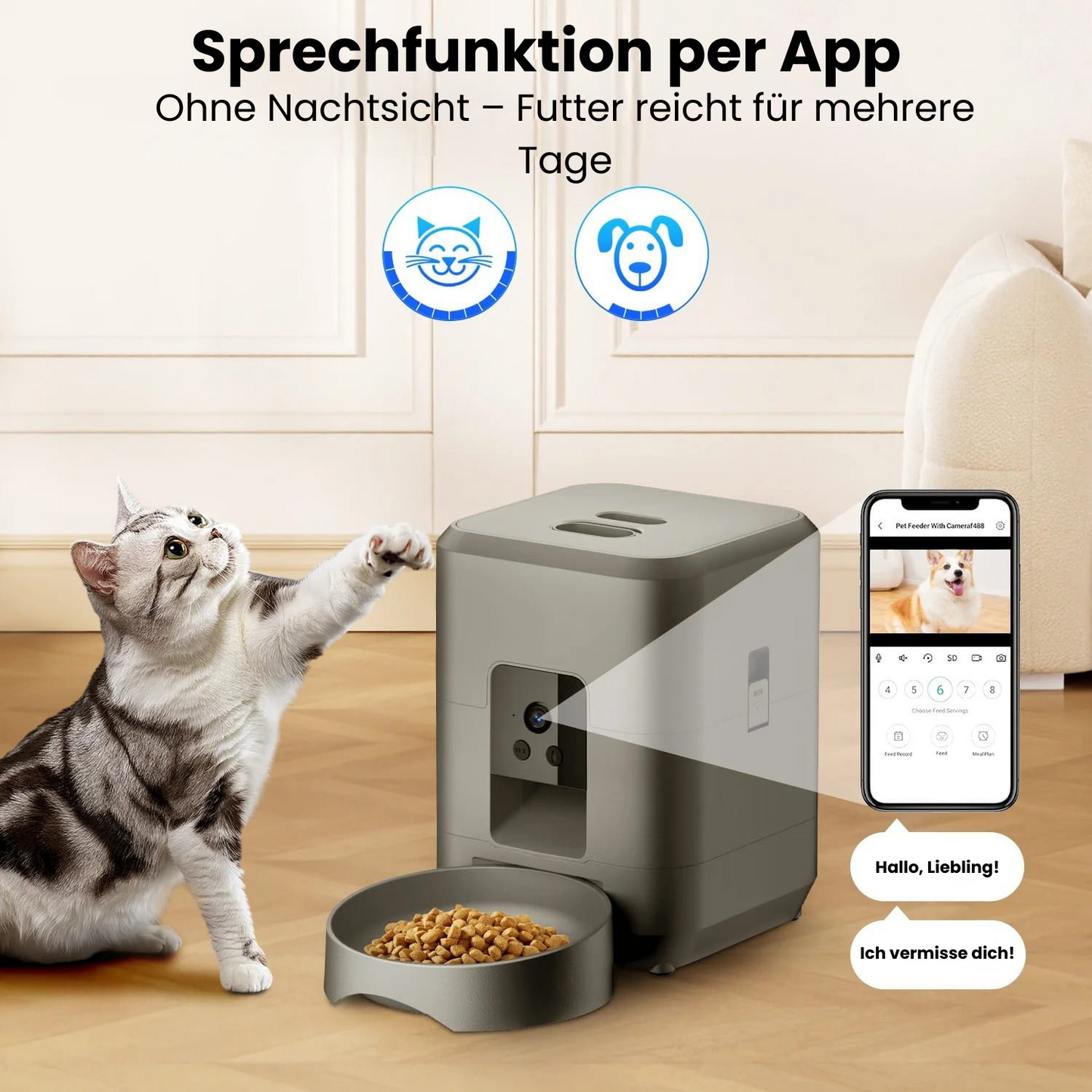 Automatischer Futterautomat mit Kamera – 2 L, App-Steuerung & WLAN für Hunde & Katzen
